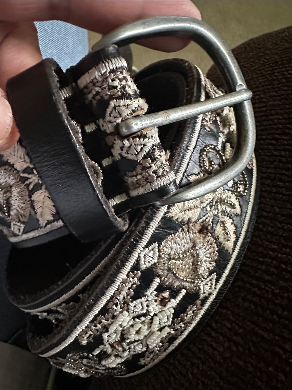 Lucky Brand Leather Belt with Cream Embroidered Bead Detail